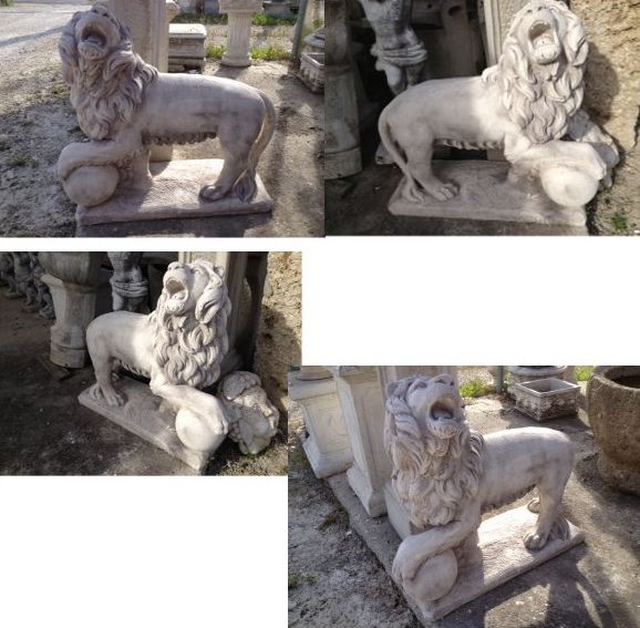 COPPIA DI LEONI PALLA IN CEMENTO E MARMO CM. 75X30
